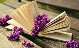 An open book with lilacs