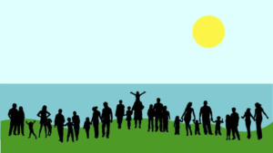 An illustration of people on a beachfront.