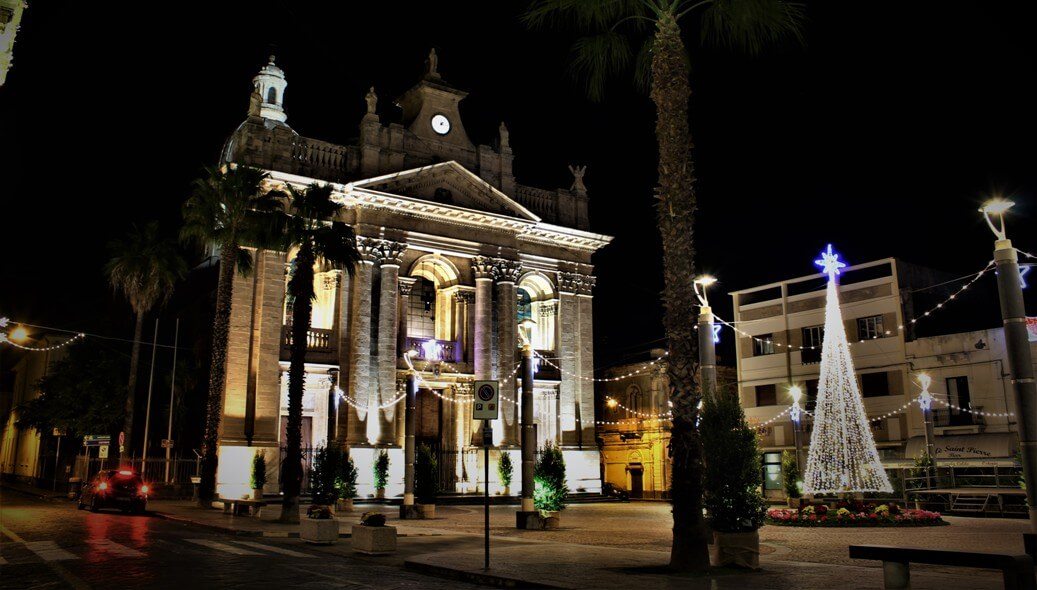 A church lit up for Christmas.