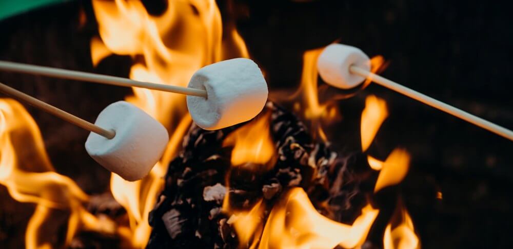 Marshmallows cooking on a campfire.