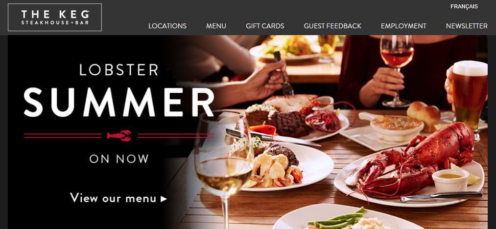 The Keg homepage.