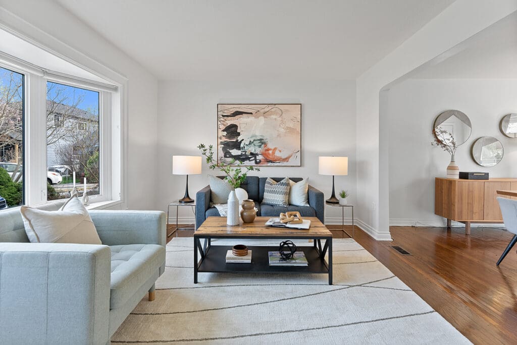 Renovated Living Room with refinished hardwood floors at 10 Woodbury Place