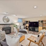 Recreation room with original stone fireplace with gas insert at 1370 Islington Avenue in Etobicoke