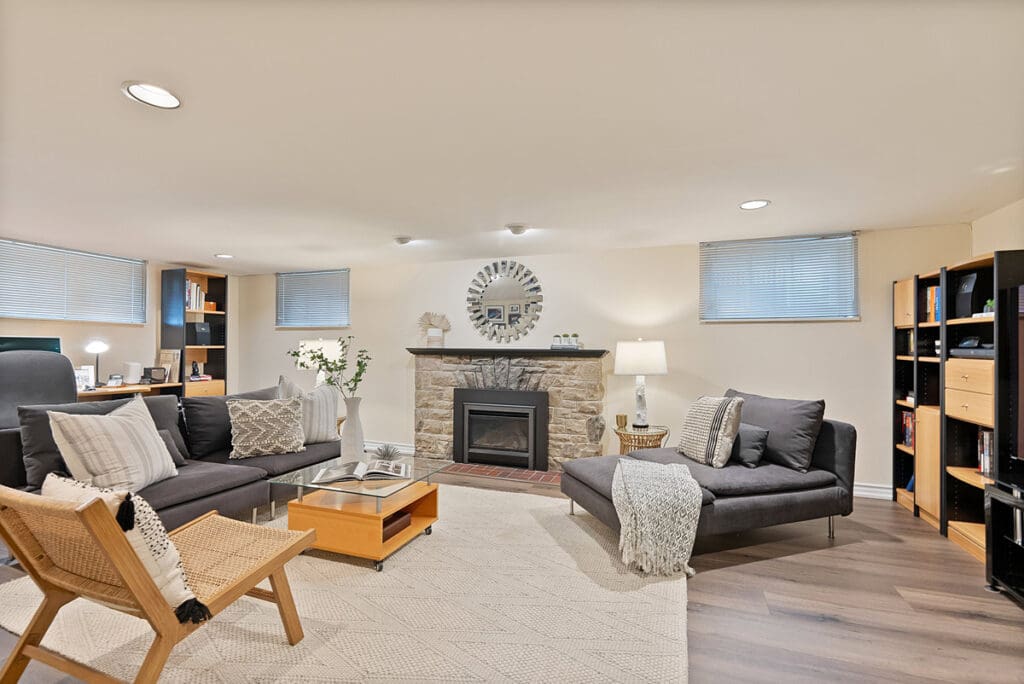 Recreation room at 1370 Islington Avenue with pot lights and wide plank floors