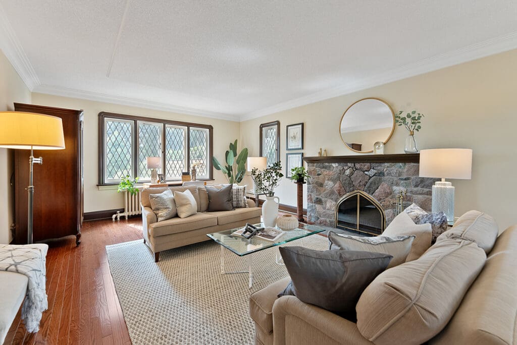 Living room at 1370 Islington Avenue brimming with original character